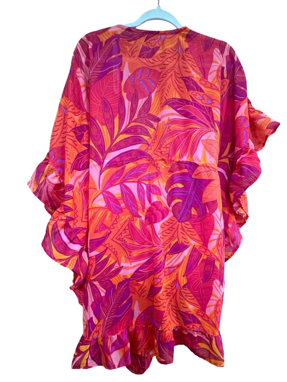 Vibrant Pink & Orange Tropical Print Kimono cover up 1X - Picture 3 of 6